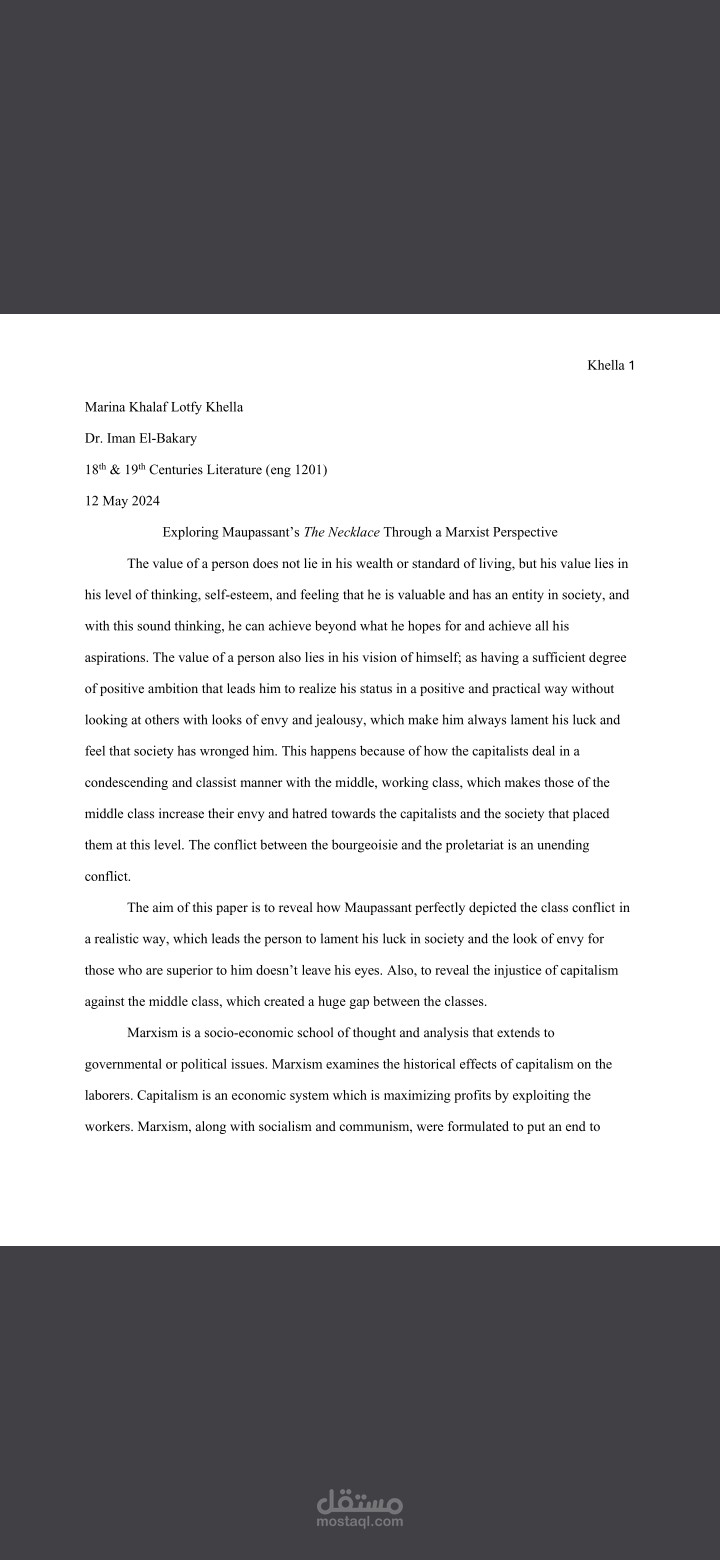 Research Paper – Literary Analysis of “The Necklace” by Guy de Maupassant