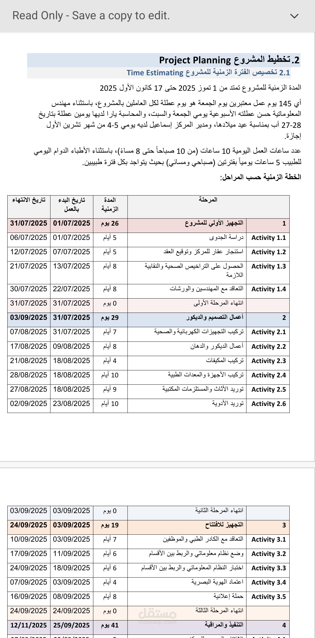 حلقة بحث أُعدت لمقرر إدارة المشاريع حول إنشاء مركز الحياة الطبي