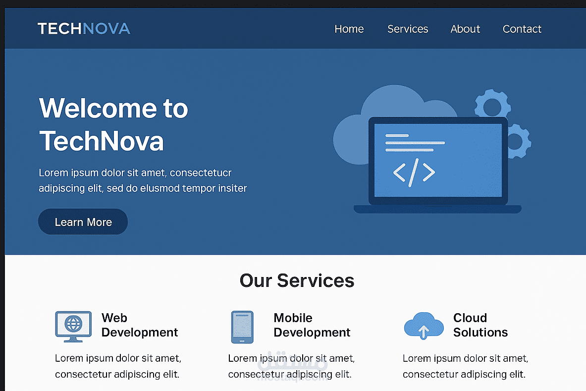موقع "TechNova" لعرض خدمات شركة تقنية ناشئة. نوع الموقع: صفحة هبوط (Landing Page) + صفحة خدمات