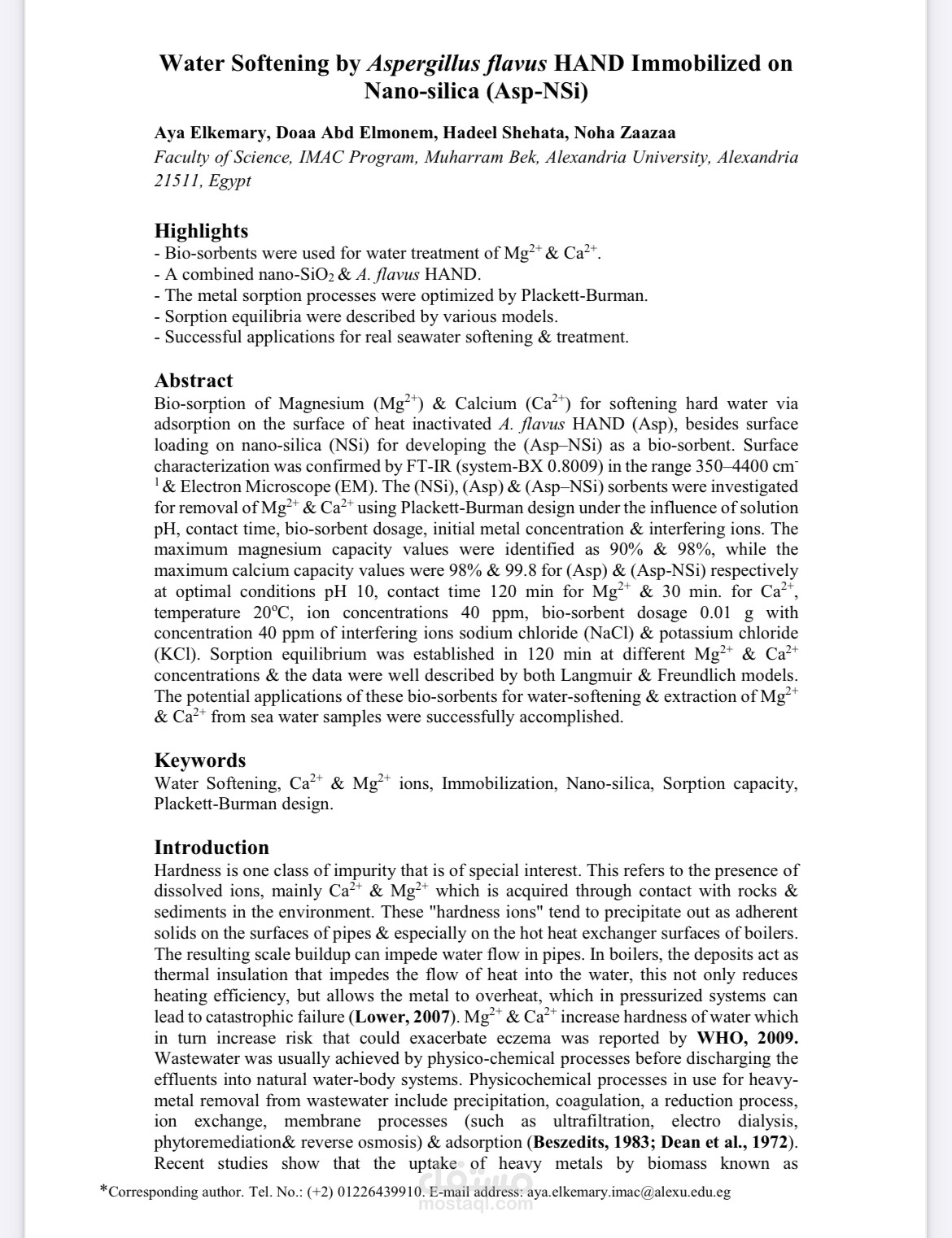 Water Softening by Aspergillus flavus HAND Immobilized on Nano-silica (Asp-NSi)