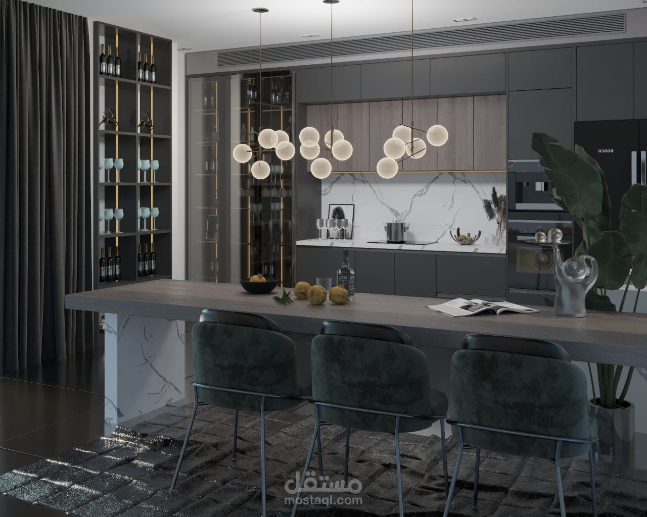 تصميم داخلي لمطبخ عصري بألوان داكنة أنيقة