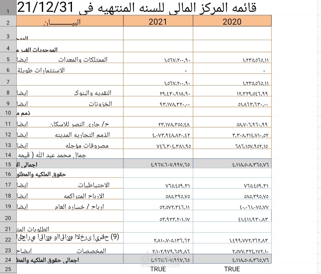 قائمه المركز المالية لشركه مقاولات ٢٠٢١