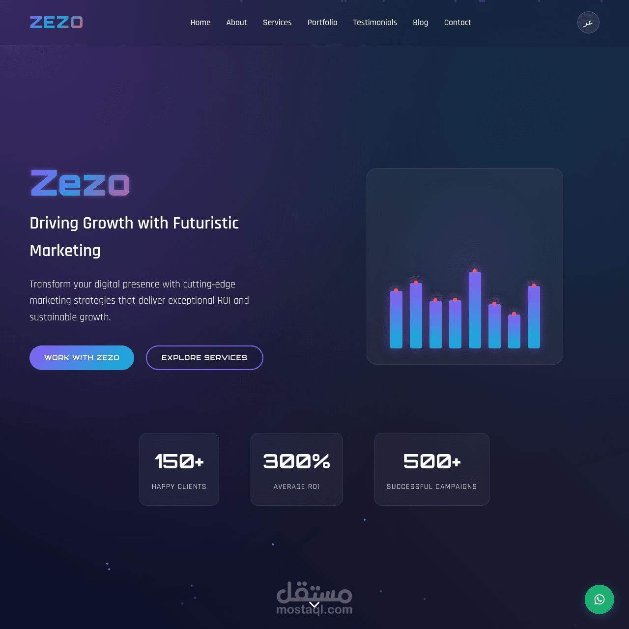 بناء موقع شخصي (Portfolio) متكامل بمواصفات عالمية: React/Next.js، تصميم Futuristic وأداء مُحسَّن.