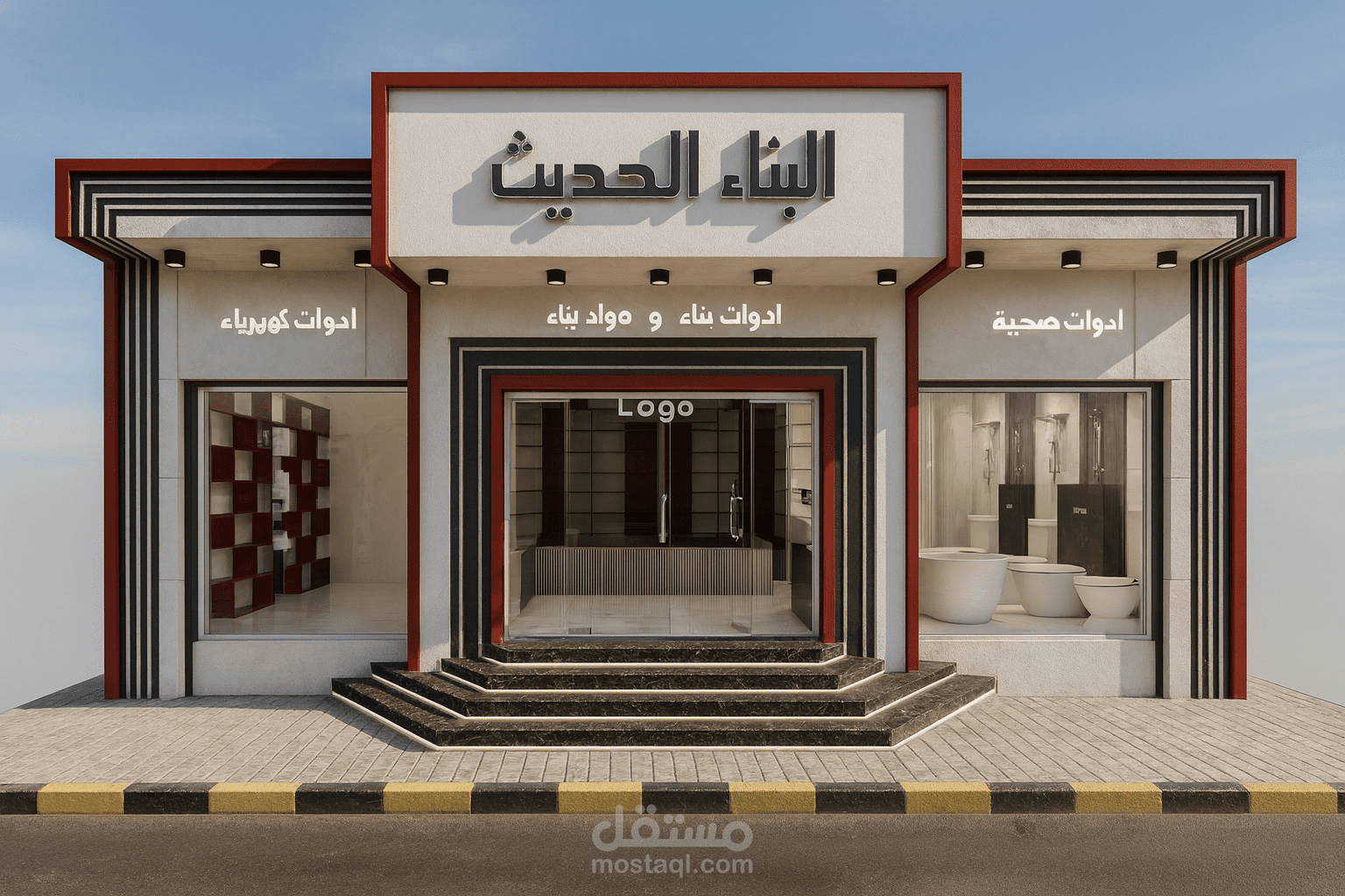 تصميم واجهه كلادينج لمحلات مواد بناء وادوات صحيه
