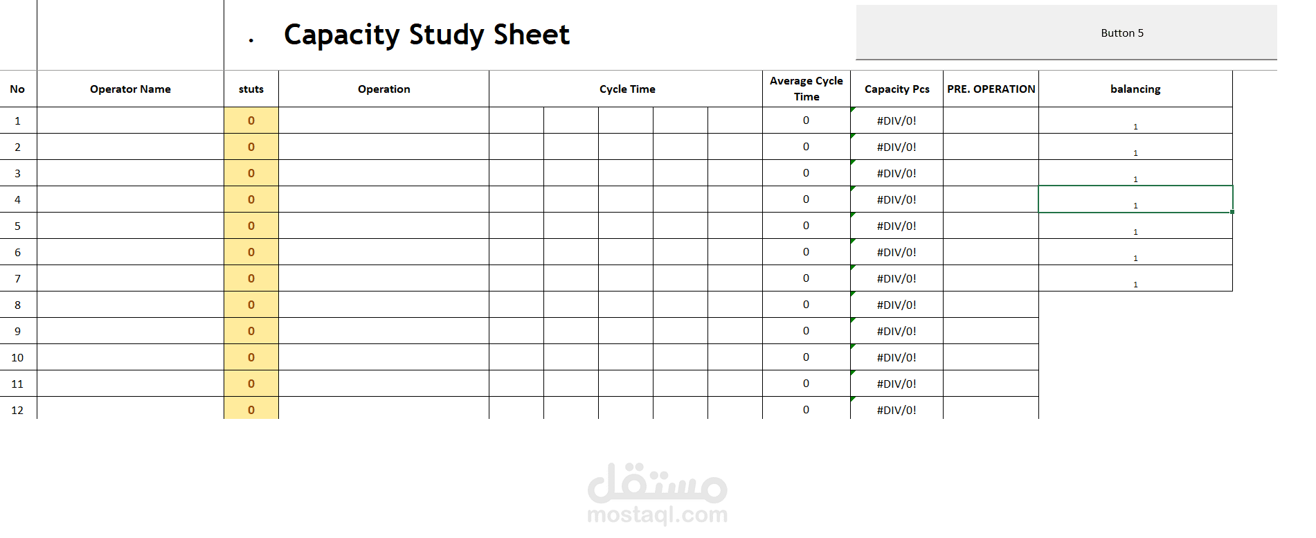 CAPACITY STUDY SHEET FOR MACHINE OPERATOR