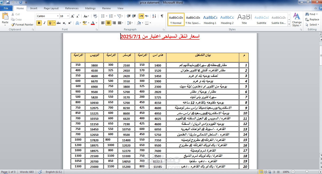 price statement
