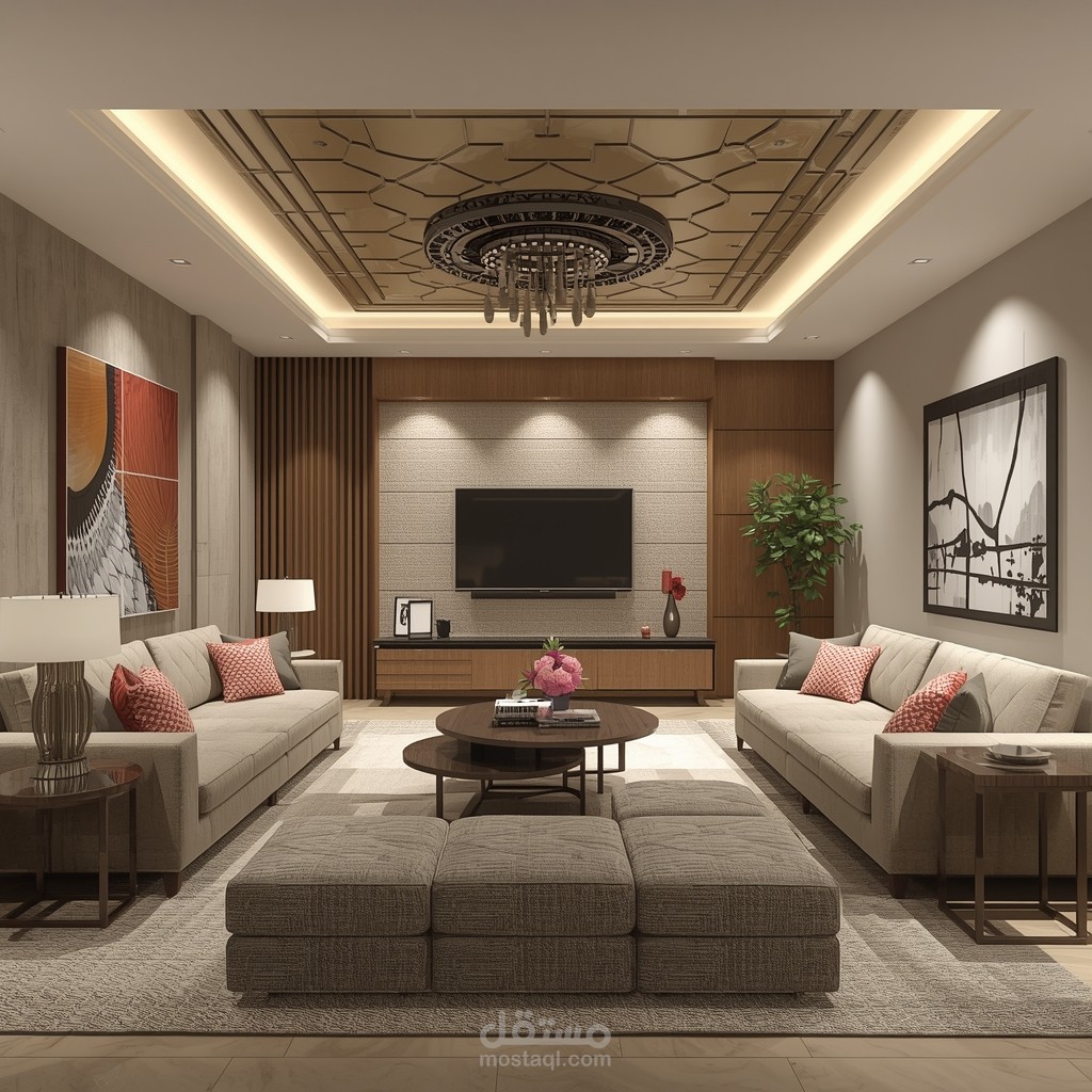تصميم غرفة معيشة عصرية أنيقة تجمع بين الخشب الدافئ والإضاءة الناعمة والألوان الحيادية، لتخلق جوًا مريحًا وفخمًا يعكس التوازن والرقي في التفاصيل.