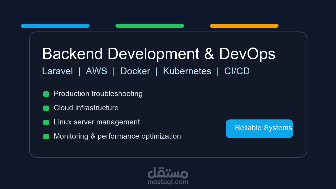 نماذج من أعمال Backend وDevOps وتشغيل الأنظمة الإنتاجية