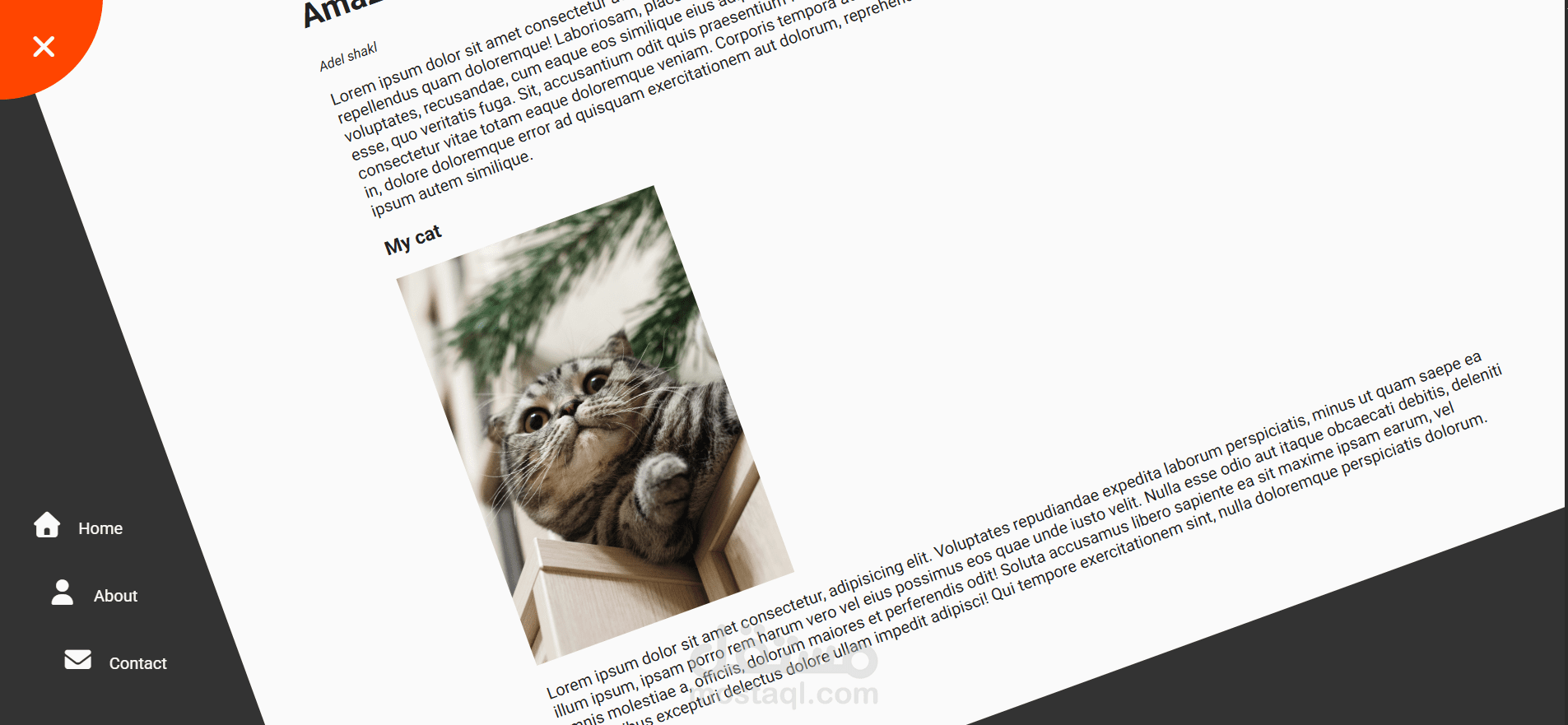 واجهة ويب تجريبية تُبرز استخدام تحويلات CSS (Rotation Transform) لإنشاء تصميم ديناميكي بزاوية مائلة مع قائمة جانبية تفاعلية.