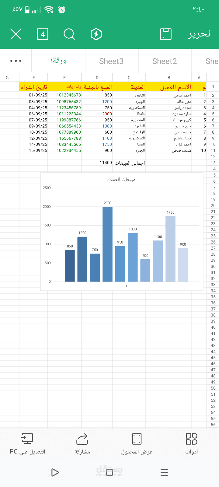ادخال بيانات المبيعات الشهريه