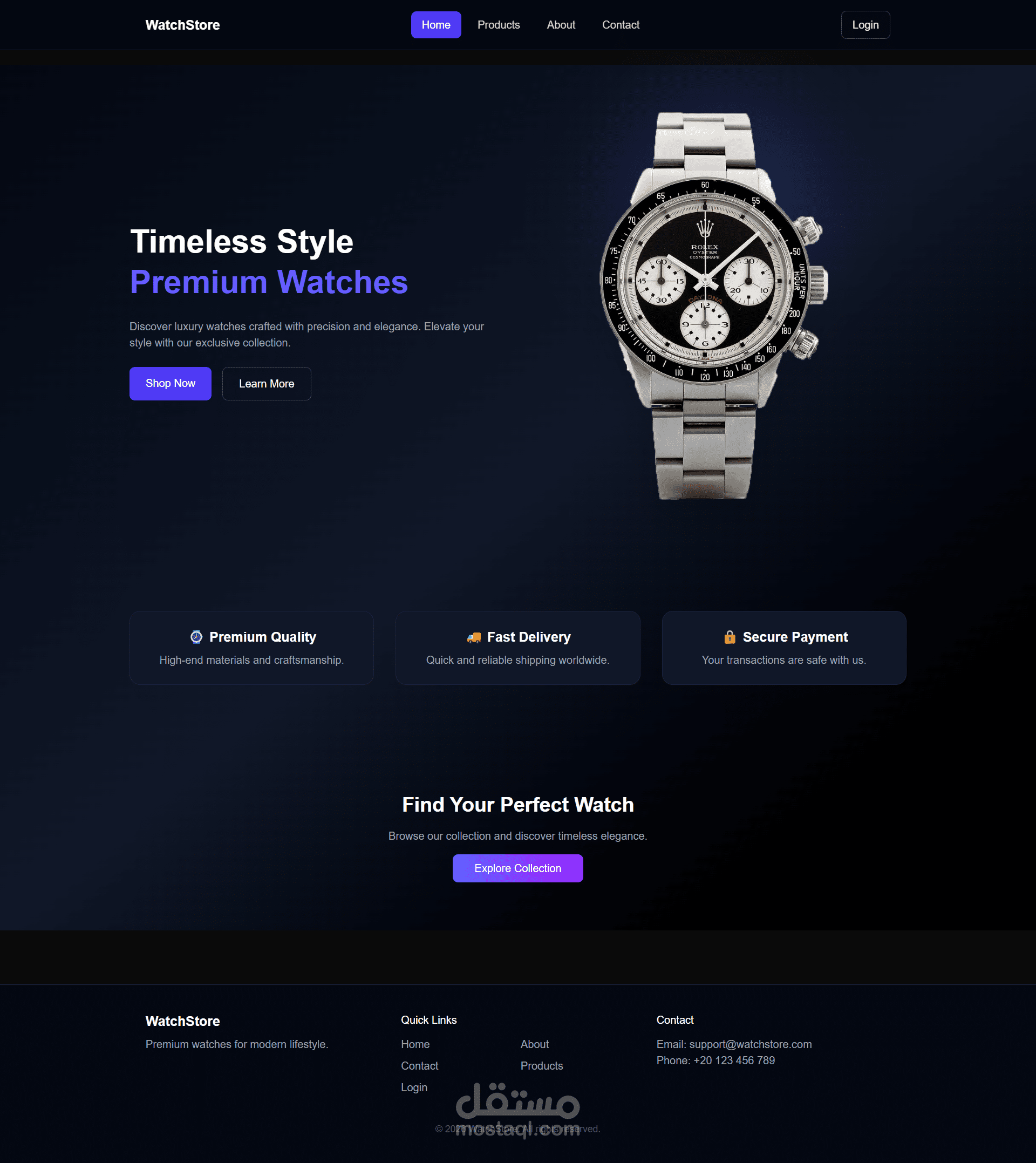 تصميم وتطوير متجر إلكتروني احترافي لبيع الساعات باستخدام Next.js (E-commerce Watch Store)