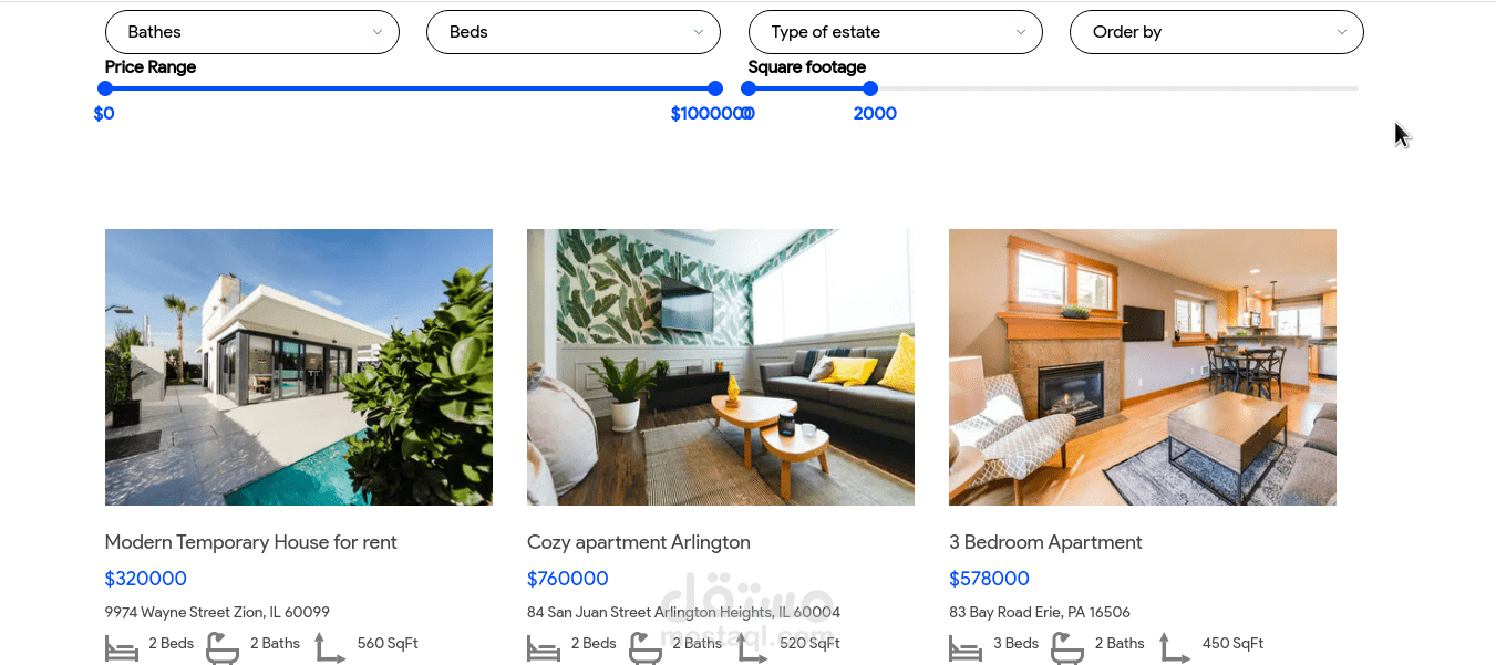 نموذج صفحة ويب للعقارات
