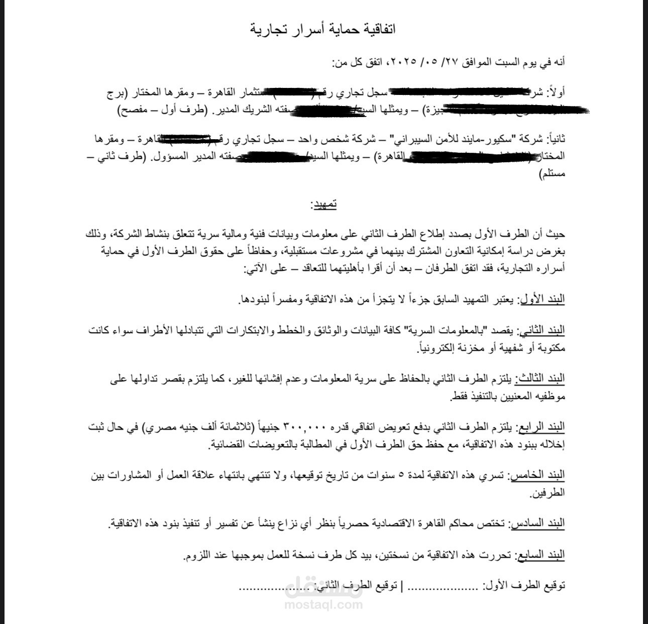 صياغة اتفاقية عدم إفصاح (NDA) شاملة لحماية البيانات والخطط الاستثمارية.