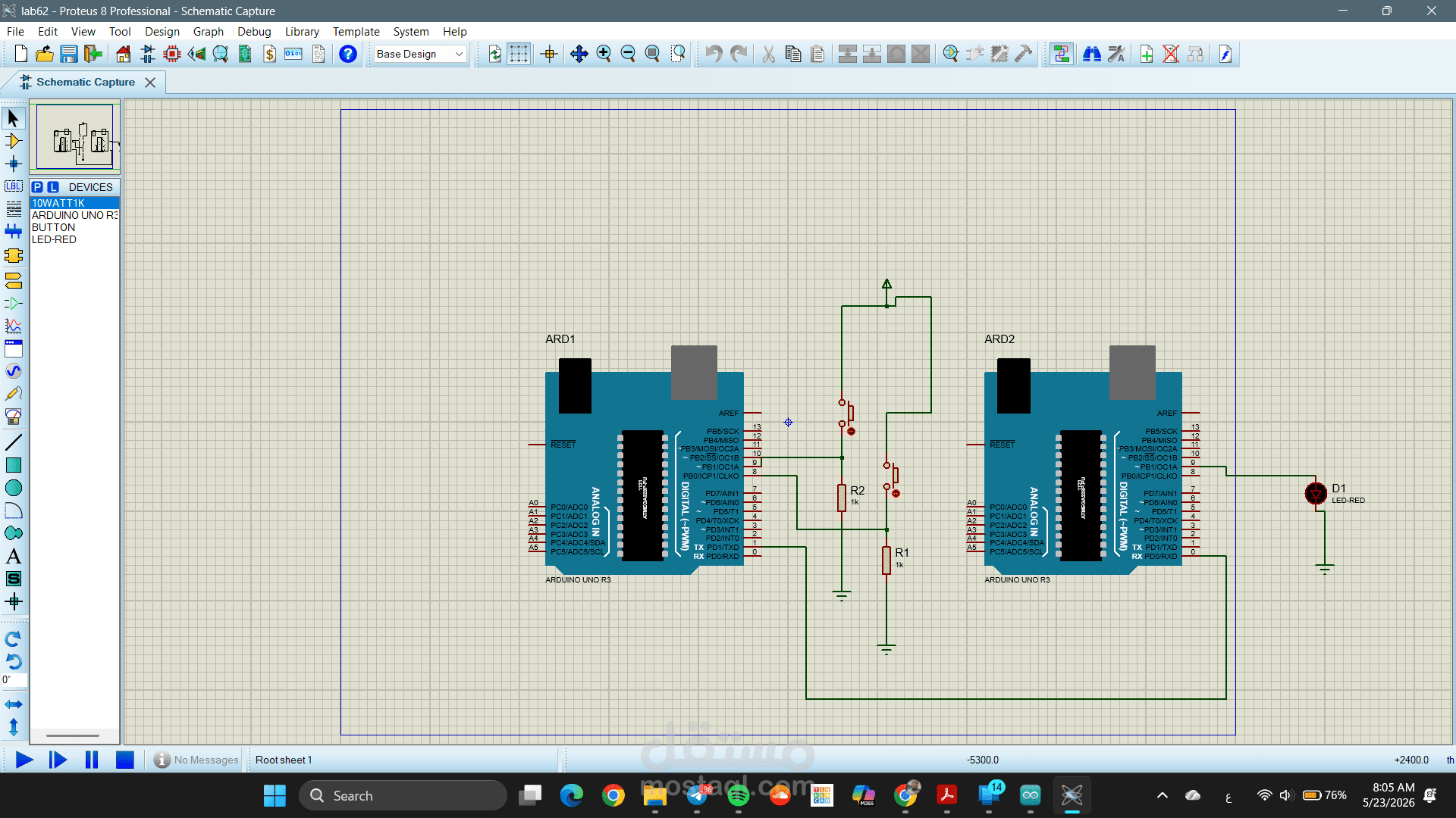 نظام اتصال وتحكم بين وحدتي Arduino باستخدام الأزرار والمؤشرات الضوئية