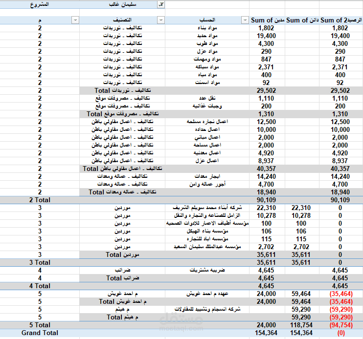 شركه صغيره ليها عدد مشاريع قليله وترغب في تقرير اكسيل يوضح المصروفات والايردات وموقف المقاولين وموردين وعملاء وعهد