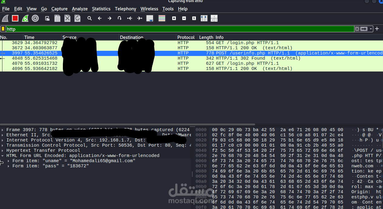 استخدام اداة wireshark  لمعرفة ال username  و ال password  عند الدخول علي موقع http