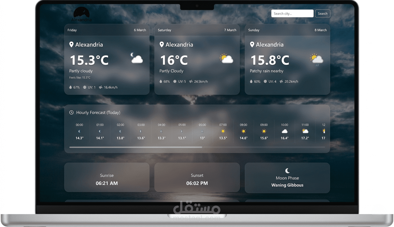 تطبيق ويب تفاعلي لعرض حالة الطقس باستخدام API.