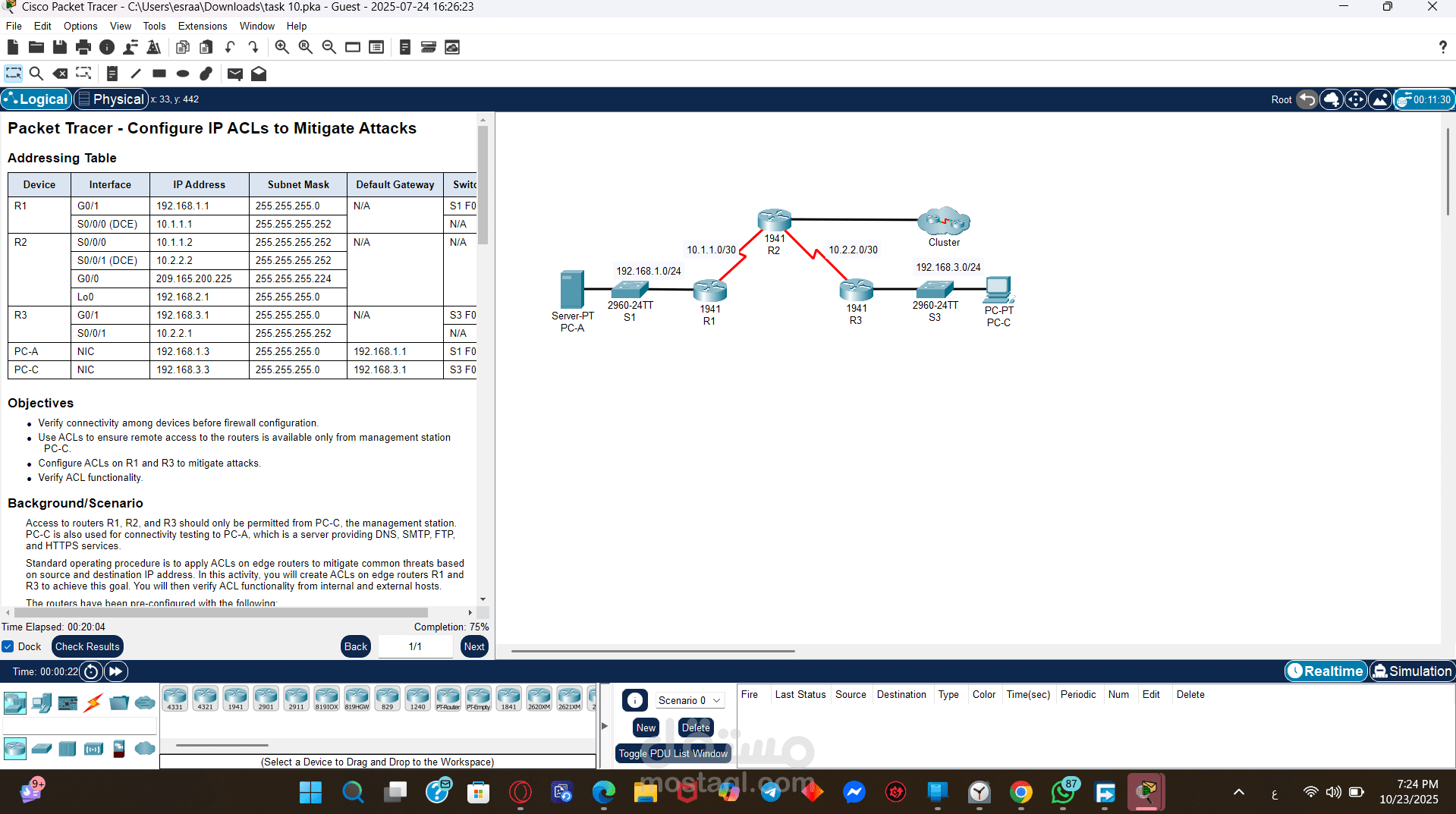 Configuration of IP ACLs to Mitigate Network Attacks in Cisco Packet Tracer