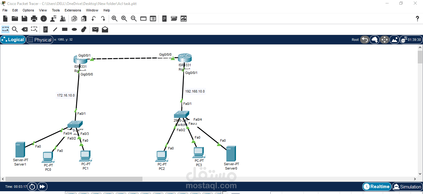 تكوين شبكه ospf صغيره مع تطبيق ACL