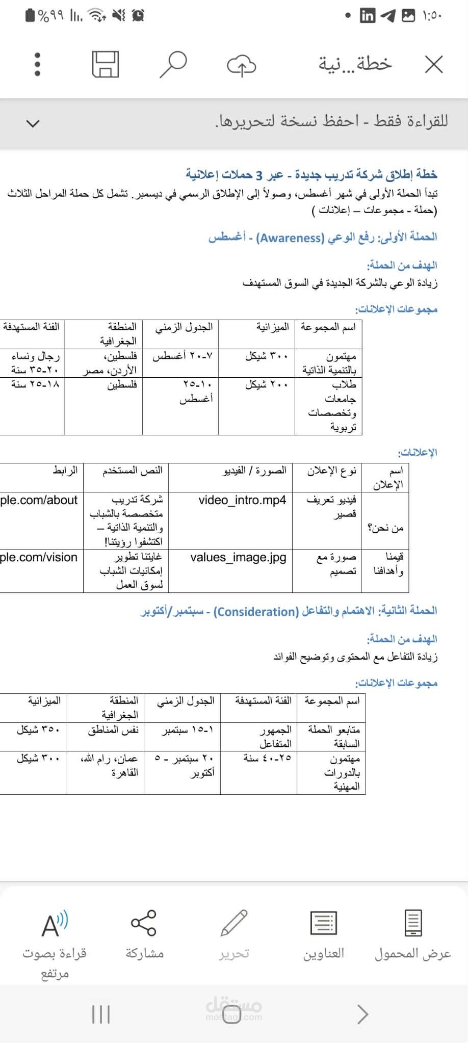 خطة إعلانية استراتيجية لإطلاق شركة تدريب عبر 3 حملات (Awareness – Consideration – Conversion)