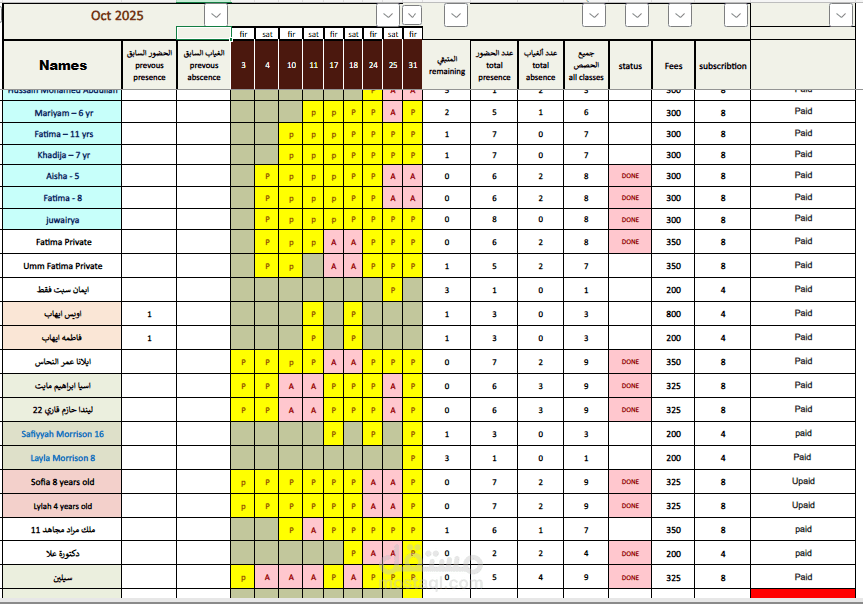 Attendance and Payment Tracking Sheet in Excel