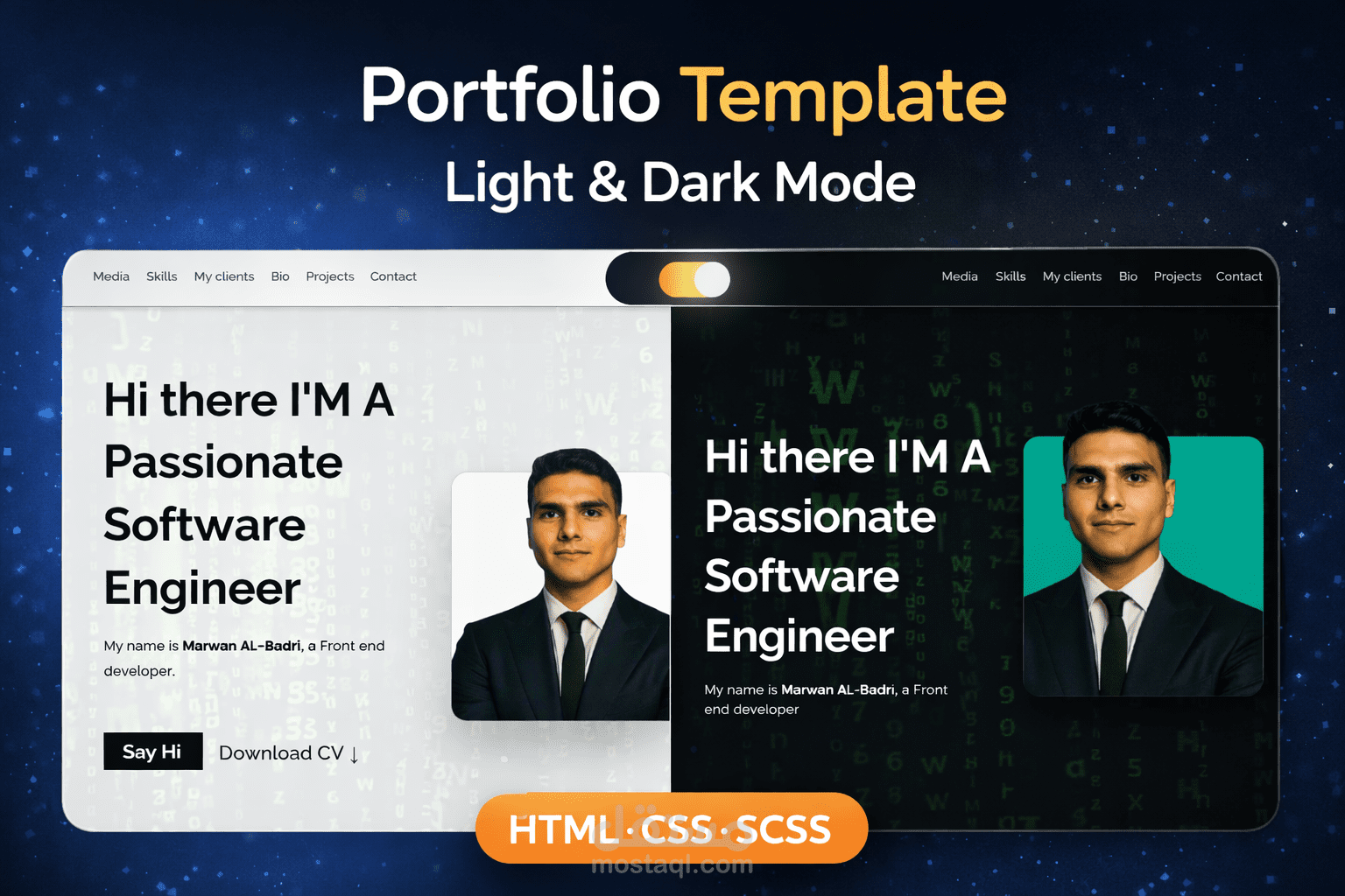 Portfolio Template باستخدام HTML, CSS, SCSS مع دعم Light & Dark Mode، Navbar متعددة الأقسام، Theme Switcher، وتصميم Responsive منظم