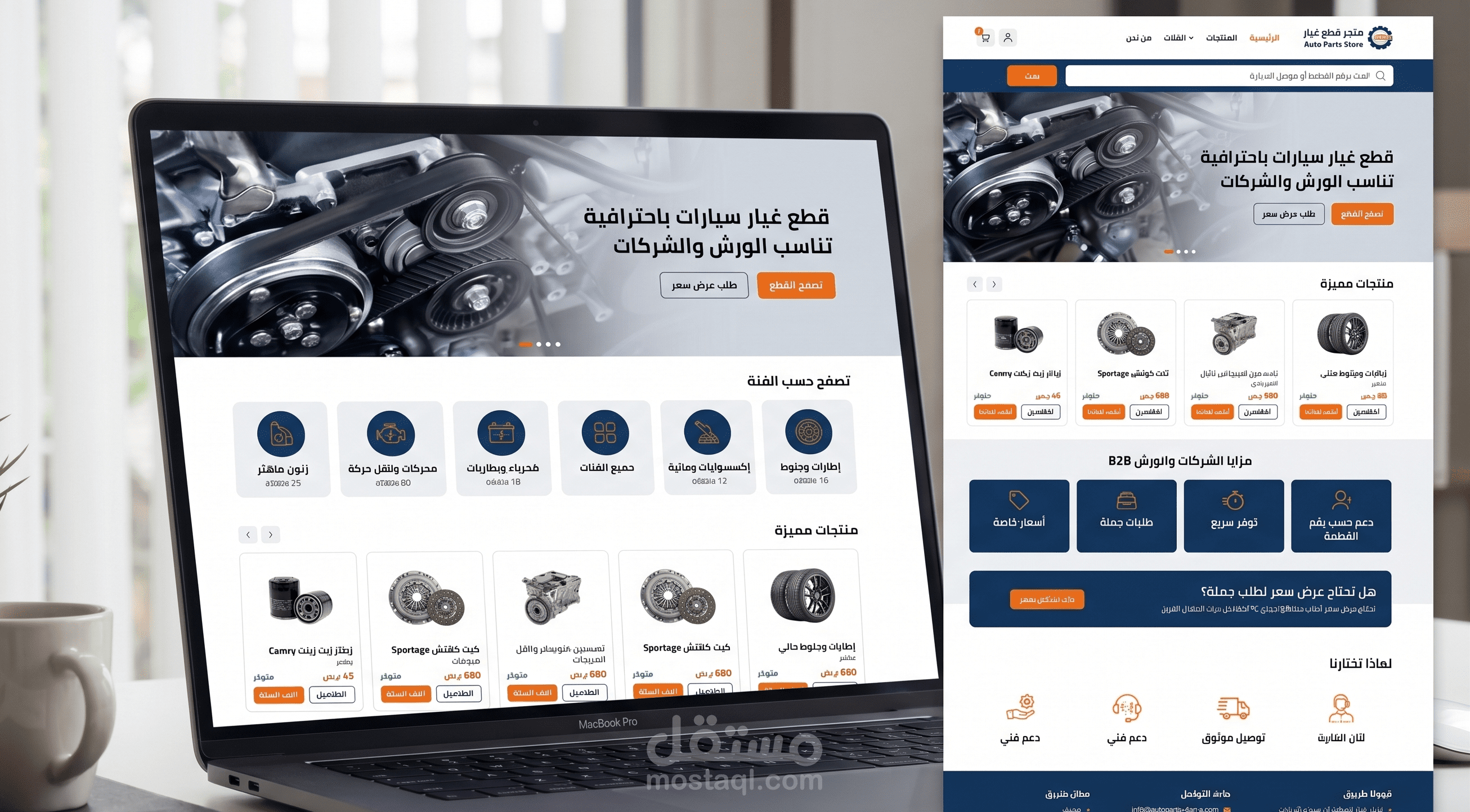 تصميم Mock-up لمتجر قطع غيار سيارات B2B/B2C بواجهة عربية وإنجليزية