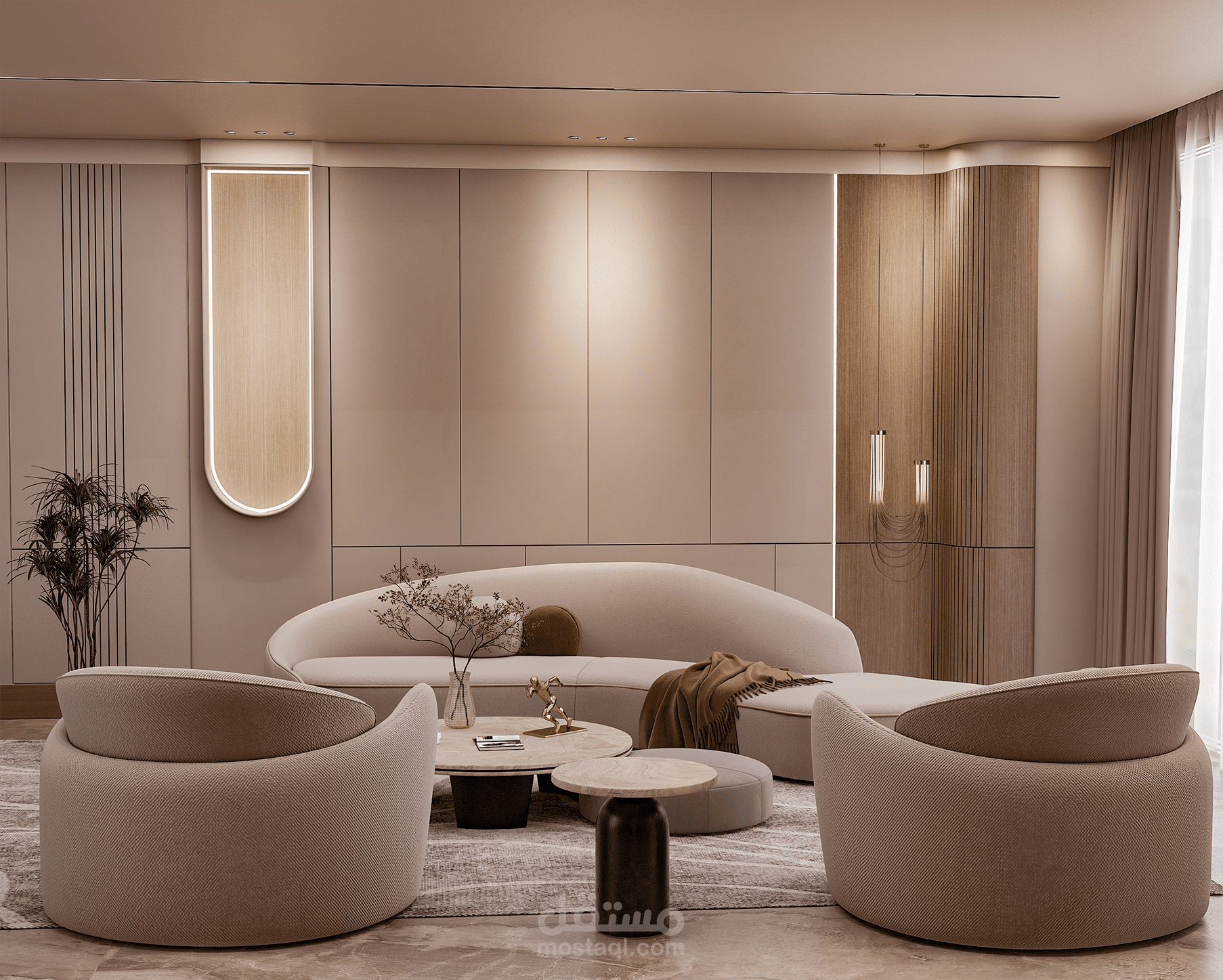 تصميم داخلي عصري (غرفة معيشة) مع تصميم مفروشات مخصصة ونمذجة 3D