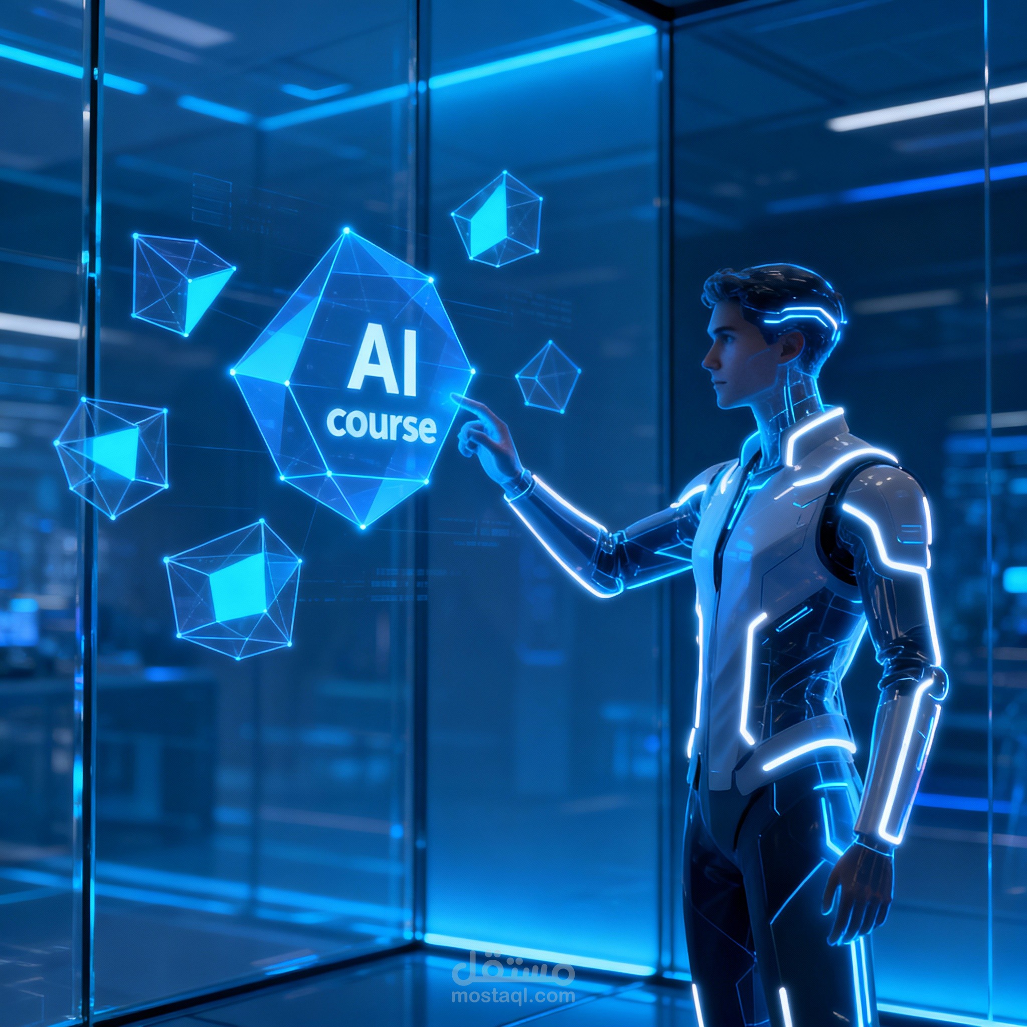 : مشهد إعلان كورس تعليمي بتقنية الهولوجرام الذكي