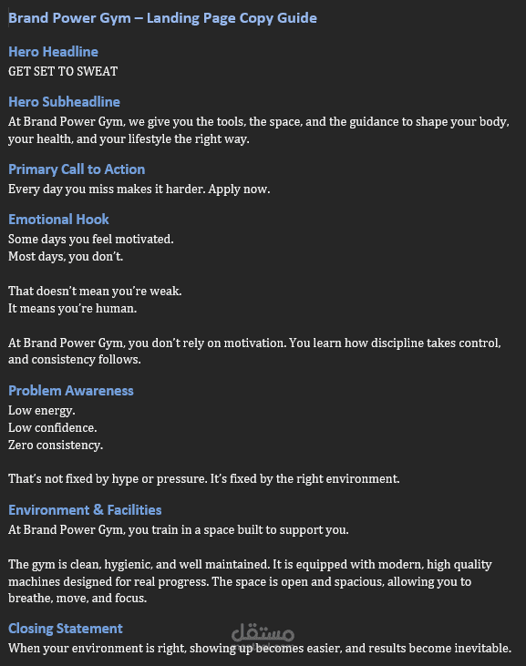 landing page copy for a gym (mock)