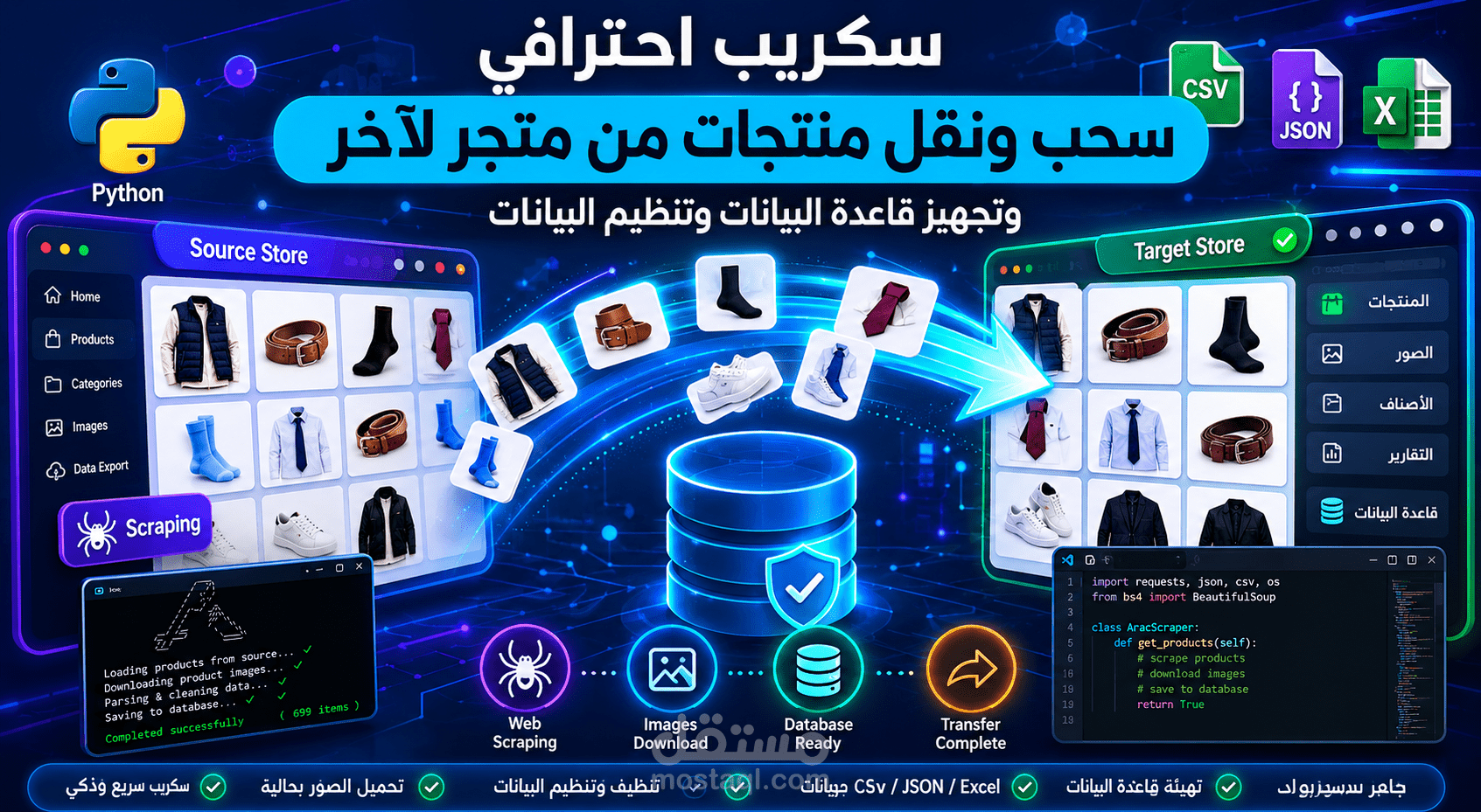 سكريب سحب ونقل منتجات من متجر لاخر وتهيئه الداتا بيز