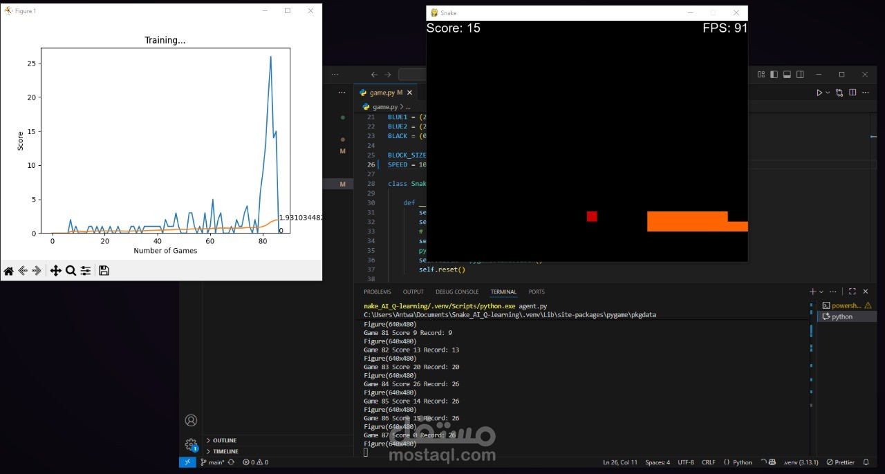 يقدّم هذا المشروع نسخة ذكية من لعبة الثعبان الكلاسيكية، حيث يتعلم الذكاء الاصطناعي اللعب بشكل ذاتي دون أي تدخل بشري. يعتمد النظام على مبدأ التعلم من التجربة والخطأ، مما يمكّنه من تحسين أدائه تدريجيًا مع مرور الوقت،