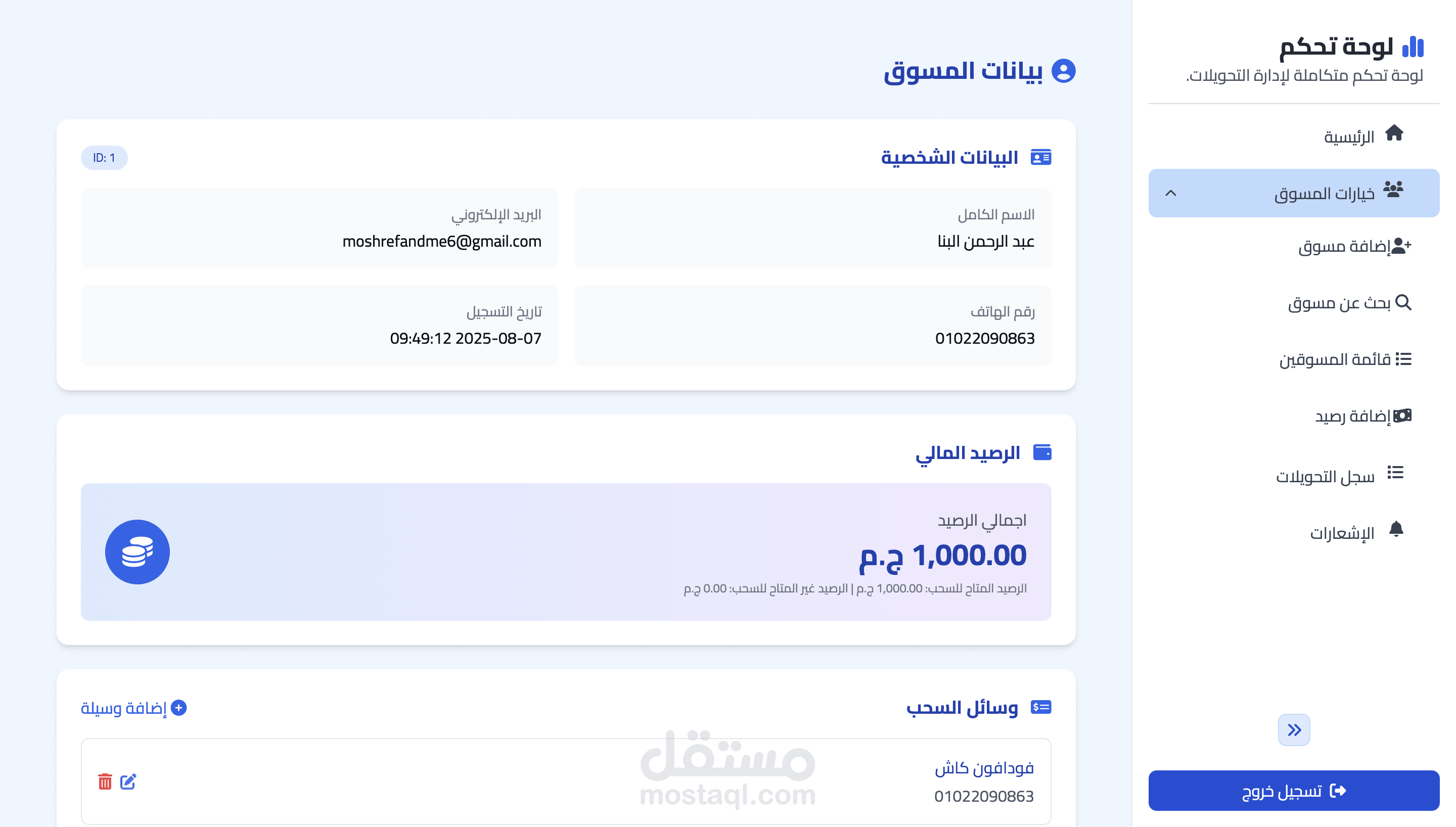 لوحة تحكم لادارة المسوقين