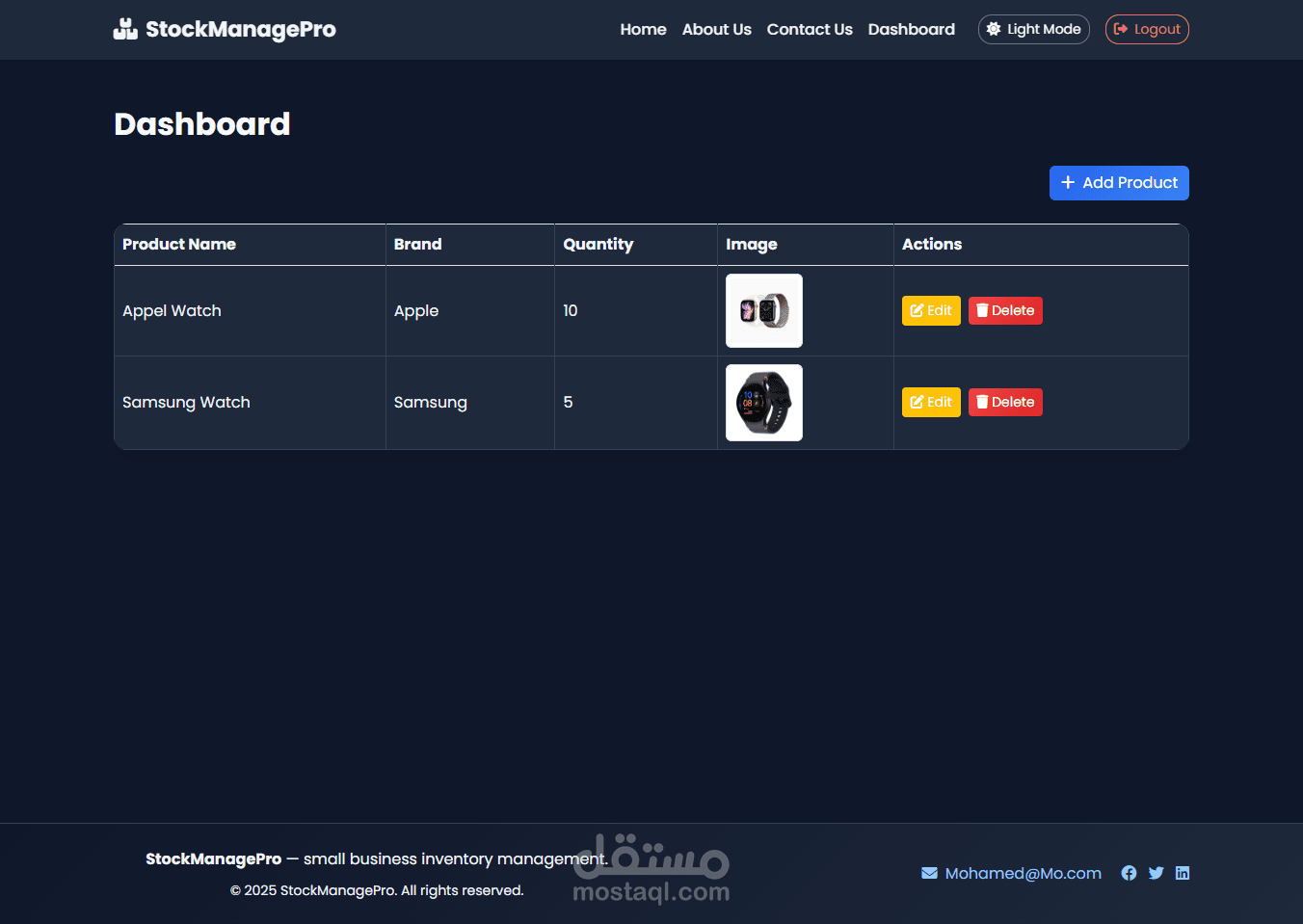 نظام إدارة مخزون احترافي StockManagePro – تسجيل دخول، تسجيل حساب، ولوحة تحكم لإدارة المنتجات
