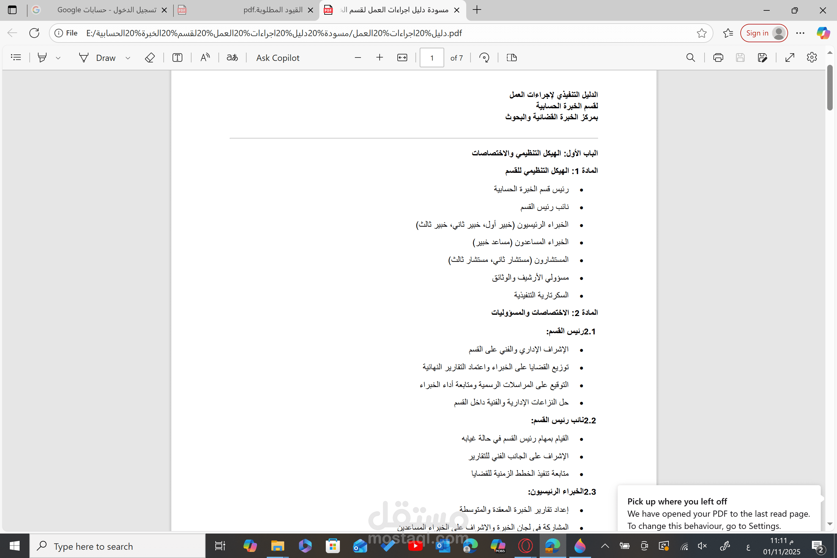 اعداد دليل اجراءات للعمل بقسم الخبرة الحسابية القضائية