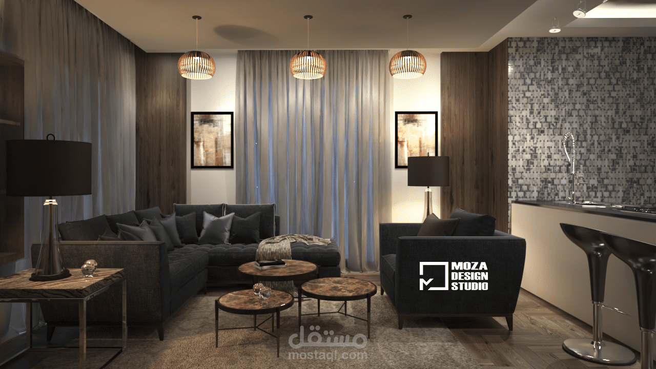 تصميم معاصر لغرفة معيشة + مطبخ مفتوح