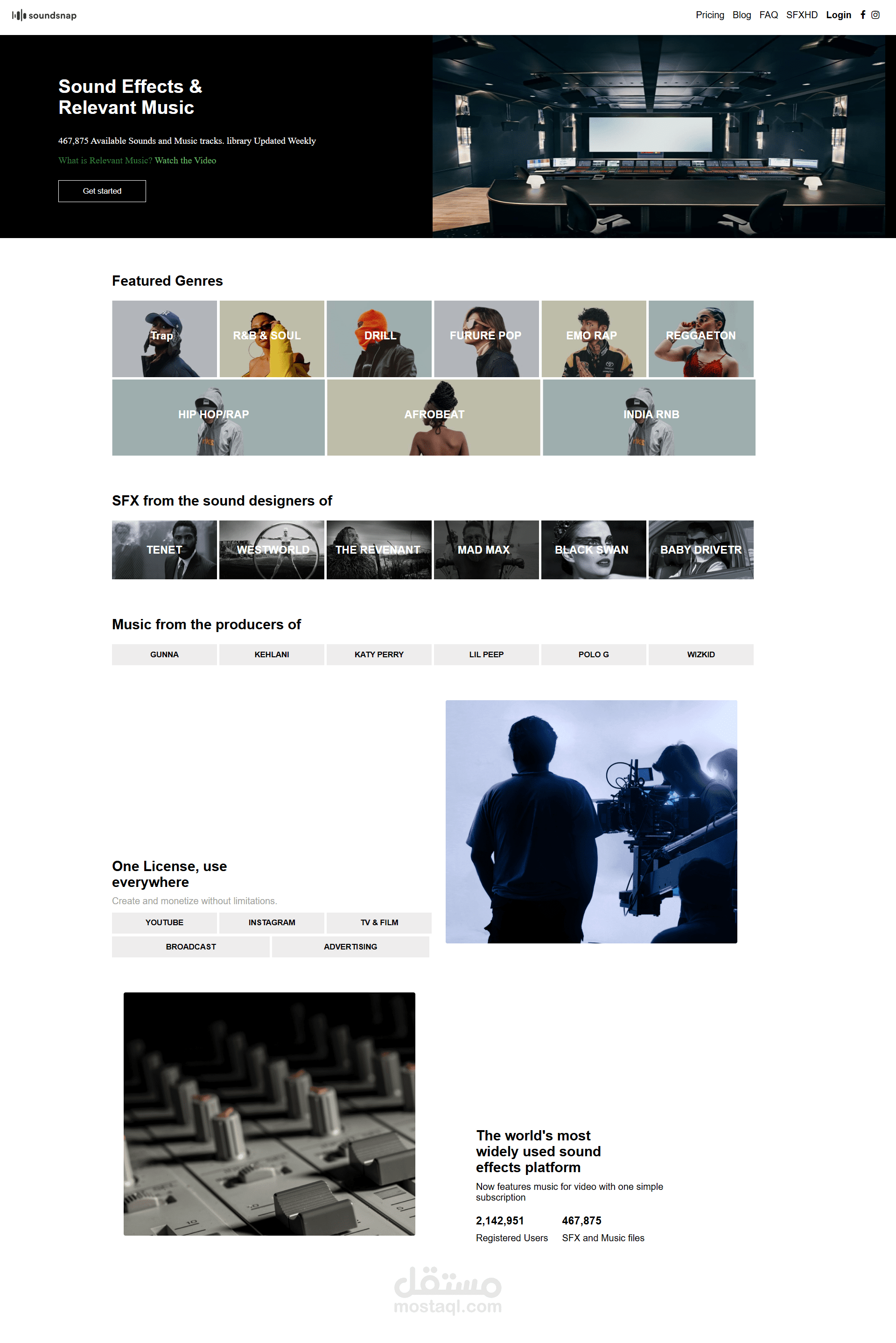 صفحة هبوط landing page لمنصة متخصصة في المؤثرات الصوتية soundsnap