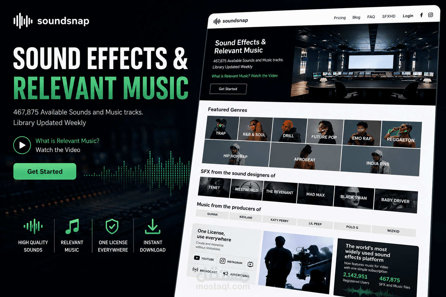صفحة هبوط landing page لمنصة متخصصة في المؤثرات الصوتية soundsnap