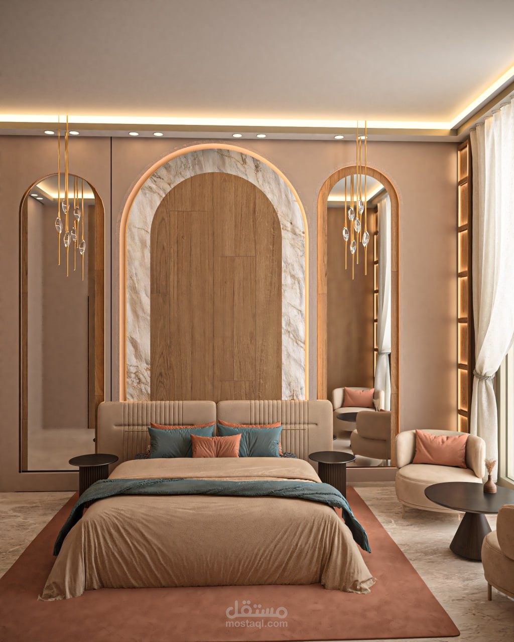 تصميم غرفة نوم بنمط نيو كلاسيك بمساحة 24 متر مربع