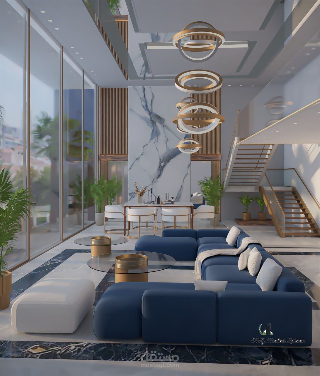 تصميم غرفة معيشه مع غرفة جلوس بنمط عصري بمساحه 65 متر مربع