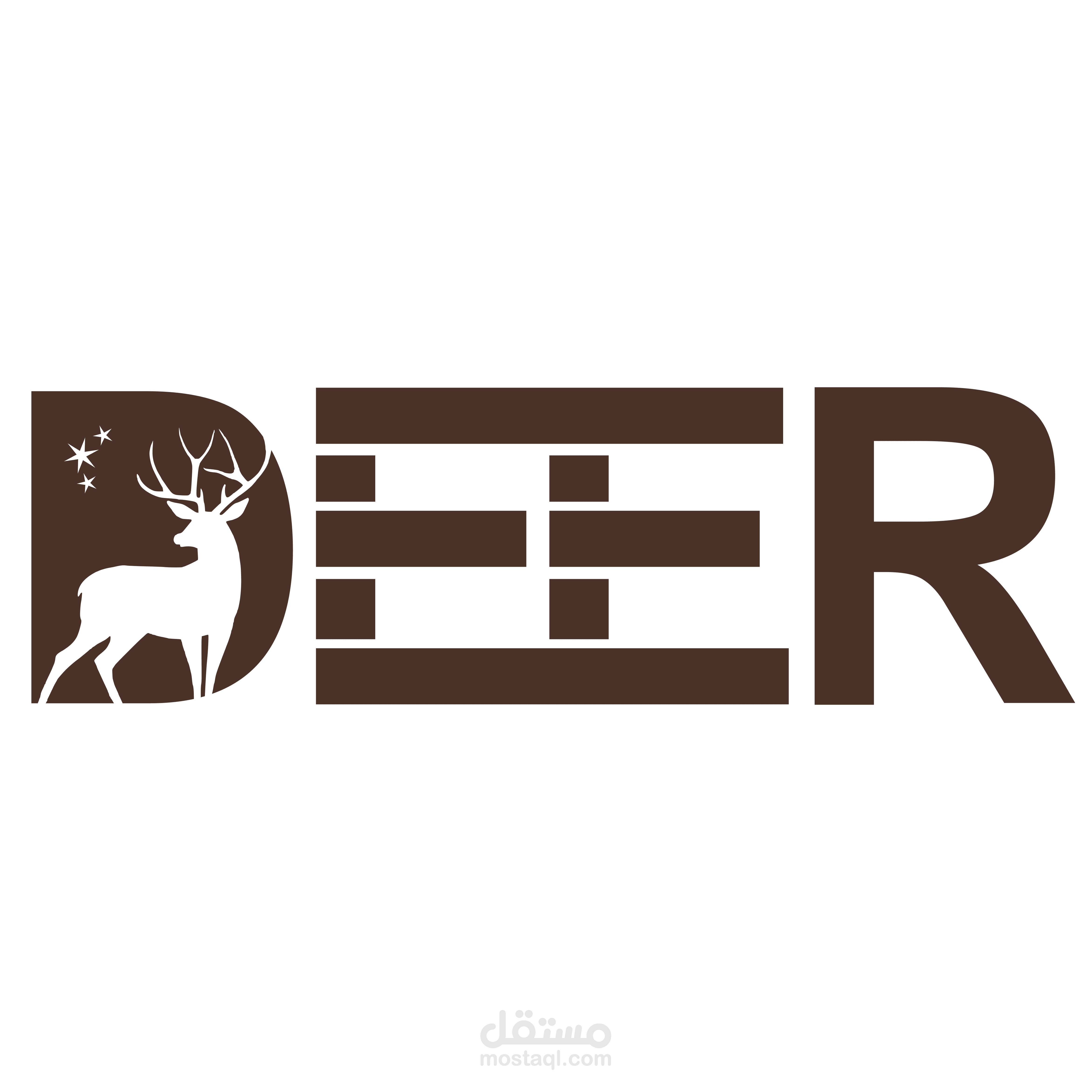 تصميم شعار احترافي لكلمة DEER بأسلوب يجمع بين الرمزية والبساطة.