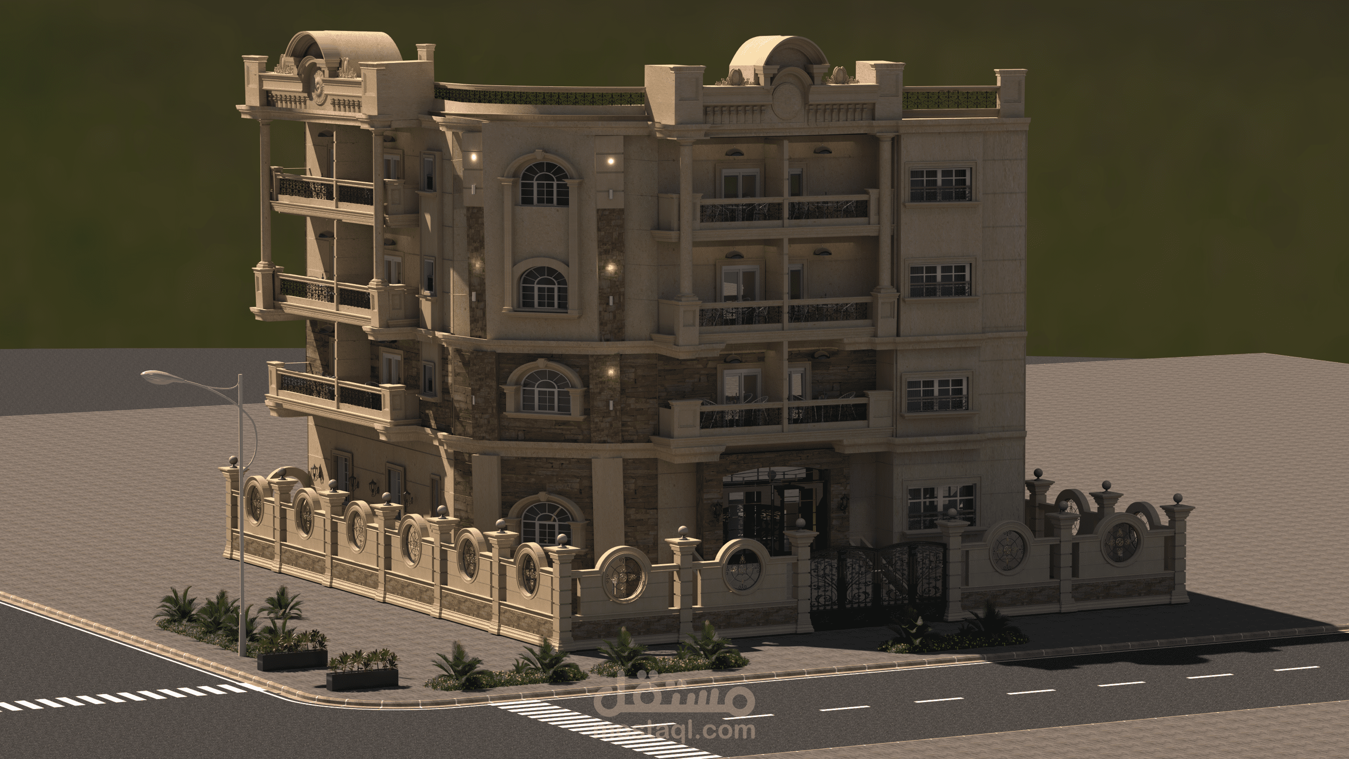 تصميم خارجى لمبنى مكون من بدروم + ارضي + 2 دور متكرر + رووف