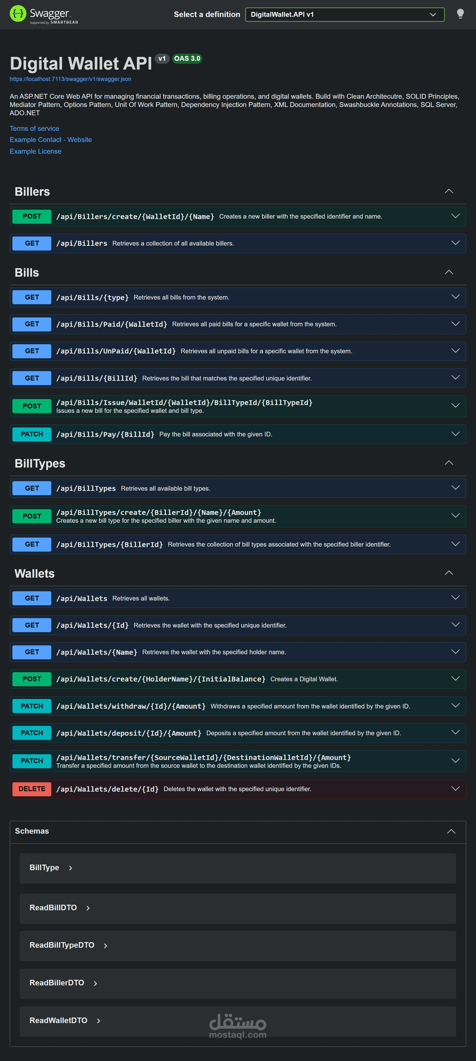 RESTful APIs لمشروع محفظة رقمية.