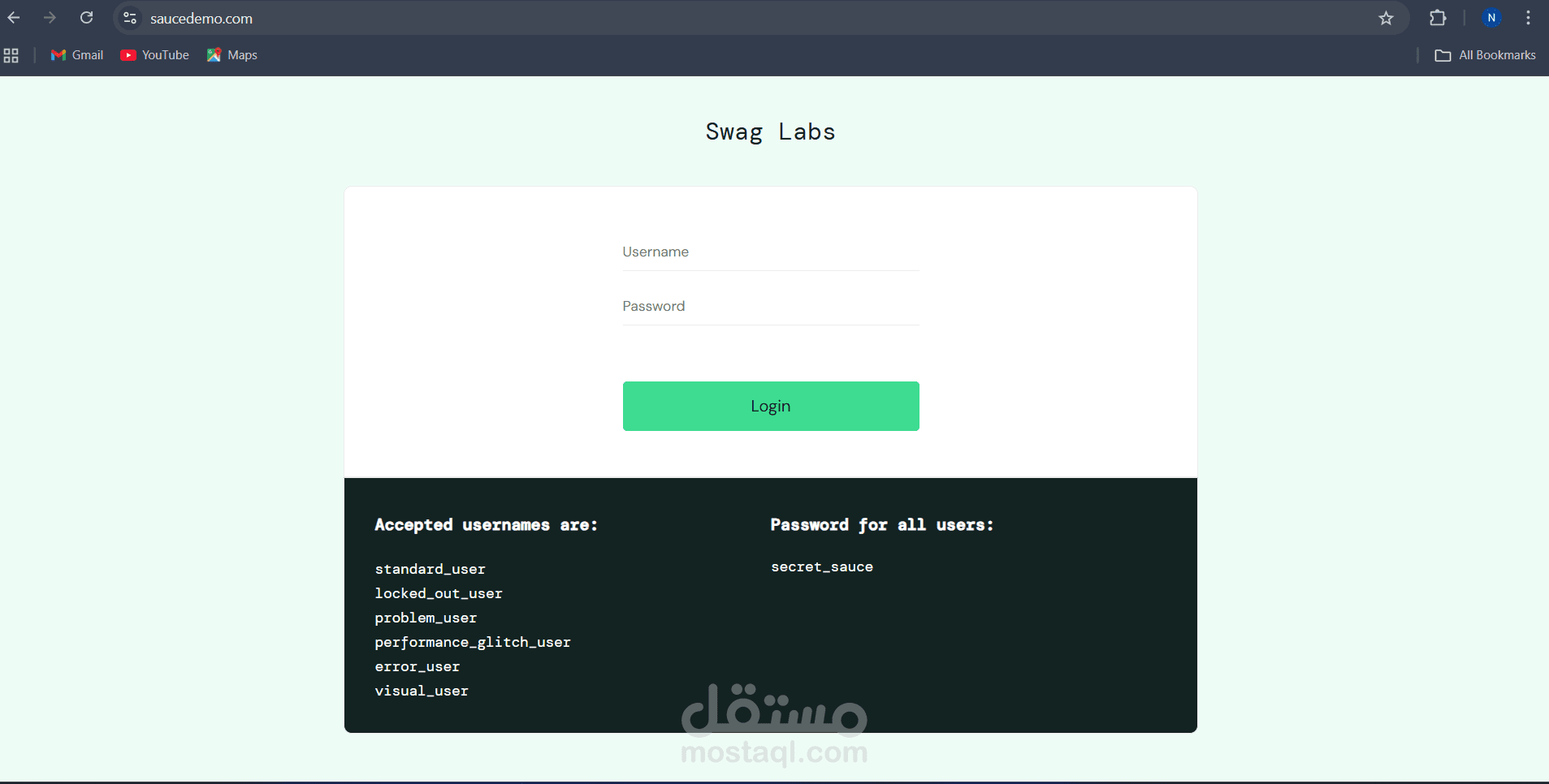 عمل تستنج لموقع swag labs