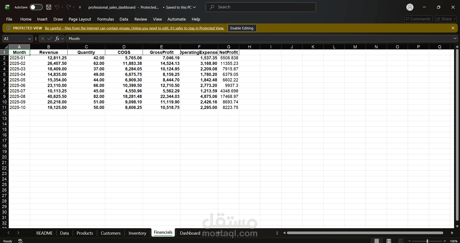 Professional Sales & Financial Dashboard