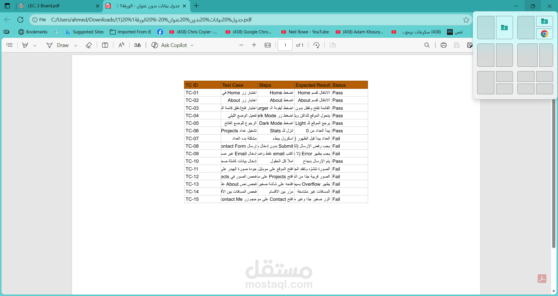 عملت على إعداد تقرير اختبار (QA Test Report) احترافي لمشروع واجهة Template مخصص، يشمل تحليل الأداء والوظائف وتجربة المستخدم، بالإضافة إلى إعداد خطة اختبار كاملة (Test Plan + Test Cases) بطريقة منظمة وجاهزة للتنفيذ.