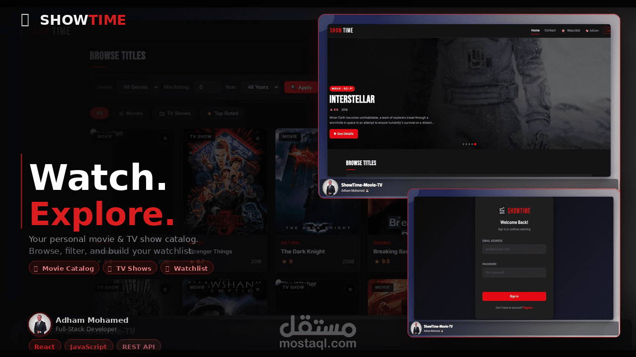 صفحة هبوط احترافية لمنصة أفلام ومسلسلات — تصميم عصري يشبه Netflix | React