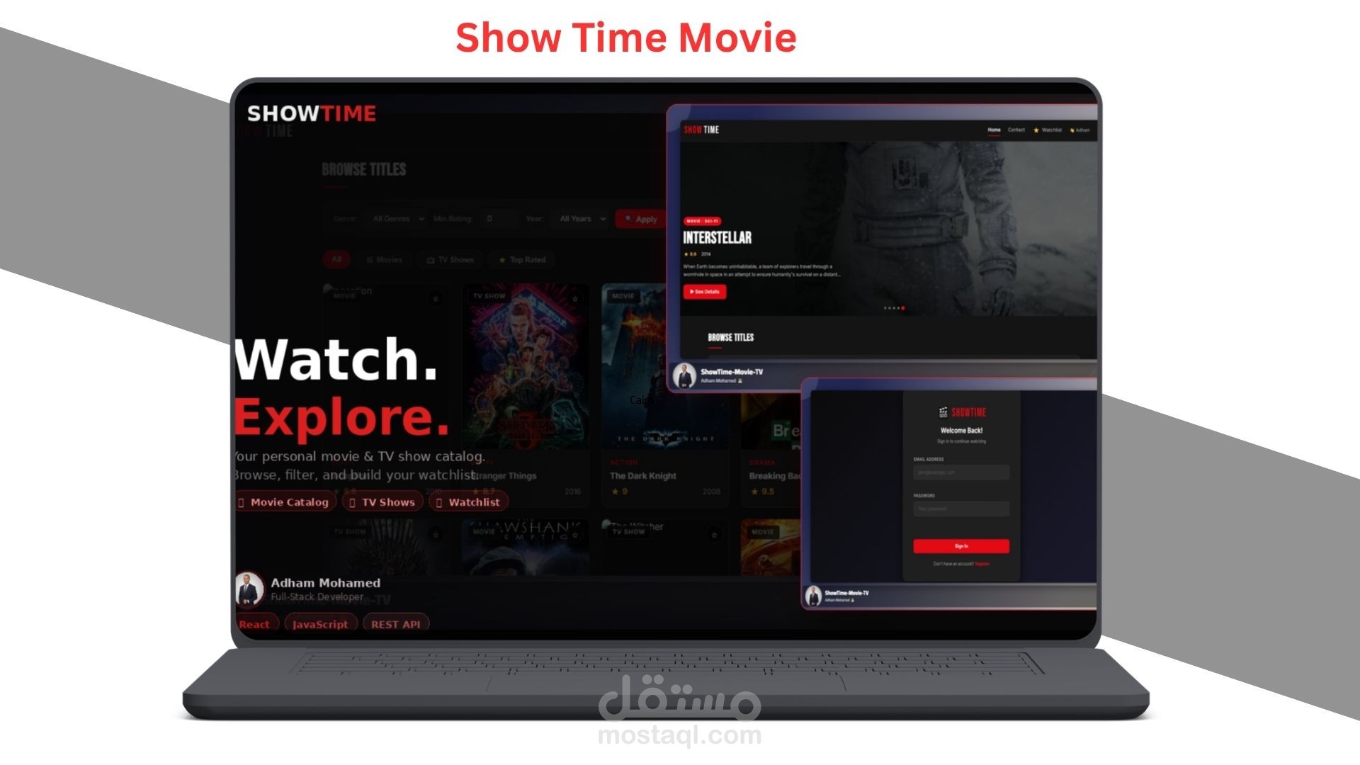 صفحة هبوط احترافية لمنصة أفلام ومسلسلات — تصميم عصري يشبه Netflix | React