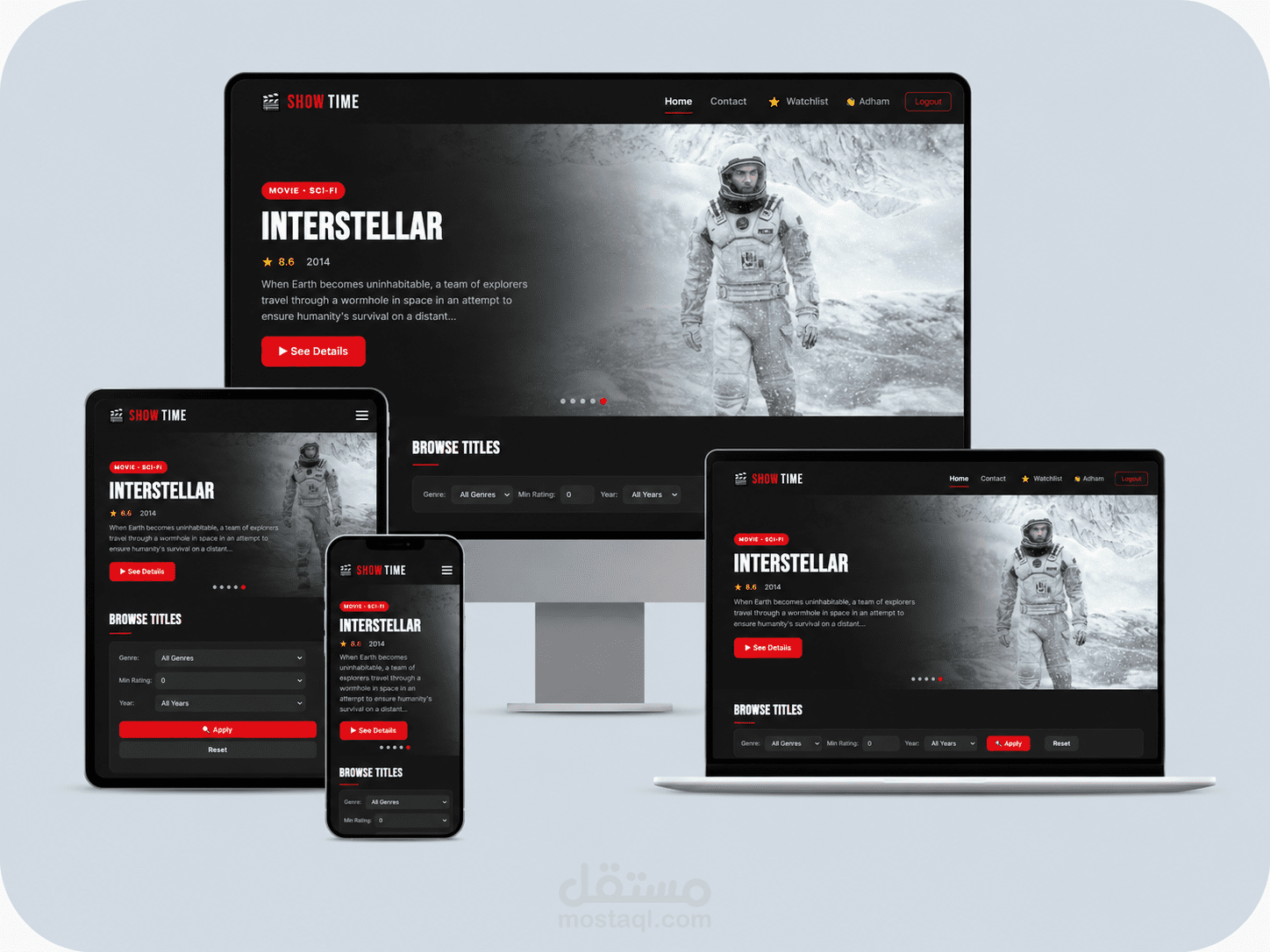 صفحة هبوط احترافية لمنصة أفلام ومسلسلات — تصميم عصري يشبه Netflix | React