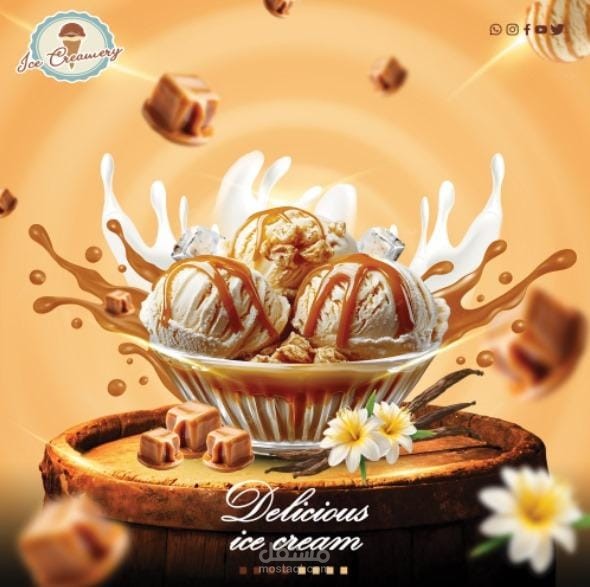 تصميم إعلاني جذاب لـ "آيس كريم الكراميل والفانيليا"